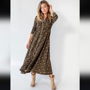 NATURAL LIFE Black & Tan Floral Button-Front Maxi Dress with Long Sleeves